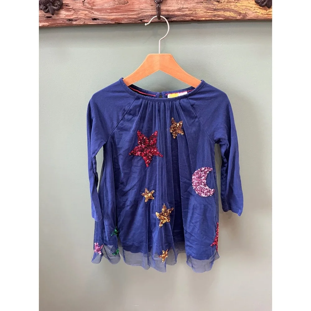 Mini Boden Girls Navy Blue Sequin Star Moon Tulle Dress 5-6Y 116cm Long Sleeve